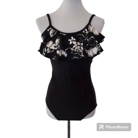 Y2K Ceeb Black White One Piece Floral Ruffled Neck Spaghetti‎ Strap Swimsuit - Picture 1 of 16